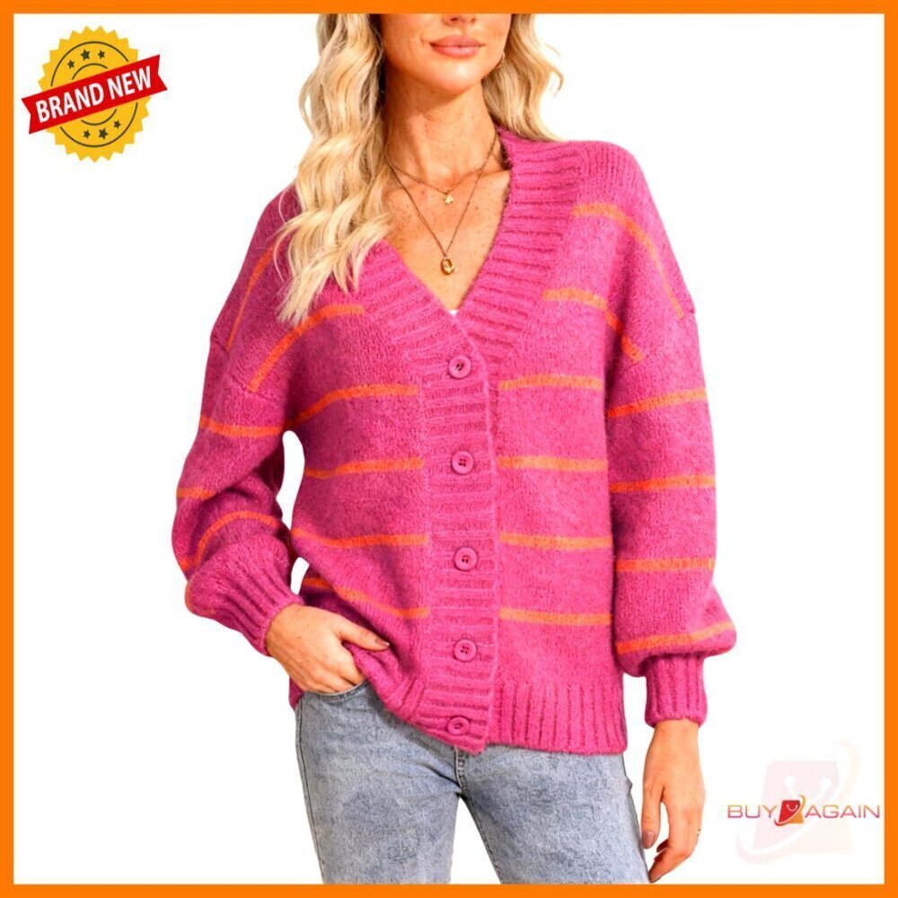 Oversized V-Neck Cardigan Striped Knit Chunky Button Front Long Sleeve